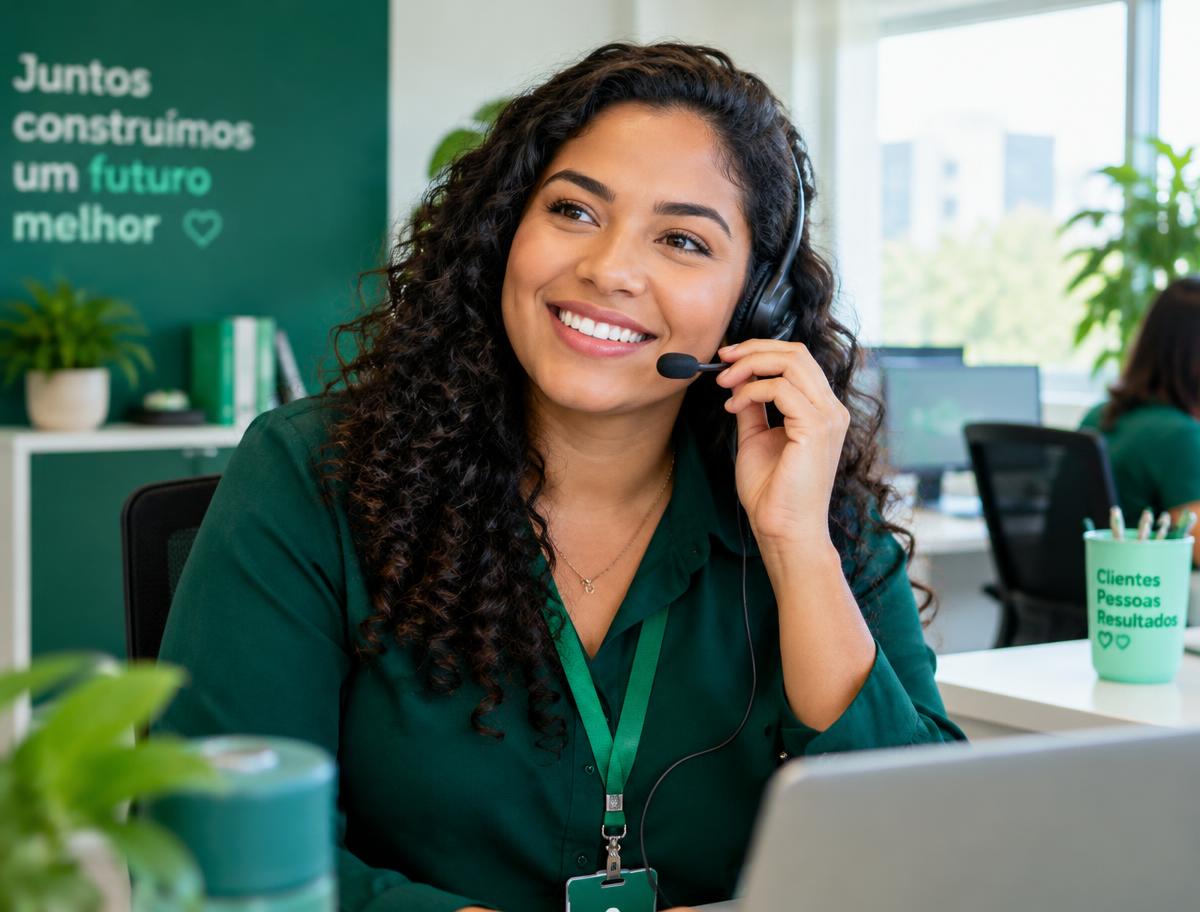 Consultora comercial sorridente atendendo uma empresa